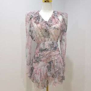 Pink floral print long sleeve mini dress with ruffles Size S
